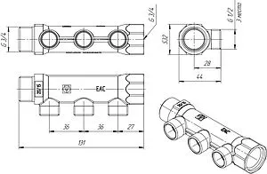 Коллектор распределительный проходной 3 отвода ¾&quot;в/н x ½&quot;к Valtec VTc.500.N.0503, 2
