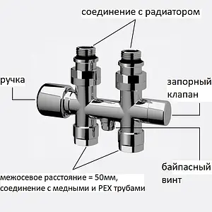 Узел нижнего подключения радиатора с байпасом терморегулирующий прямой ¾&quot;ек x ¾&quot;ек (½&quot;н) LadyFAR серебро FL 0268 3412, 4