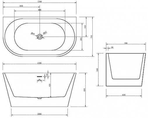 Ванна акриловая отдельностоящая Abber 130x70 AB9216-1.3