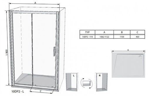 Дверь в нишу 1100мм прозрачное стекло Ravak 10° 10DP2-110 0ZVD0U00Z1