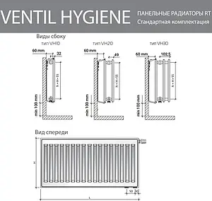 Радиатор стальной панельный Royal Thermo VENTIL HYGIENE тип 20 600 x 800 мм Bianco Traffico VH20-600-800/9016, 3