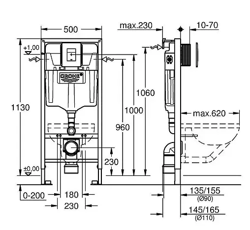 Инсталляция для подвесного унитаза Set 4 в 1 Grohe Rapid SL 38827000 с кнопкой хром глянцевый