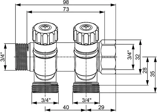 Коллектор регулирующий проходной 2 отвода ¾&quot;в/н x ¾&quot;ек TECE 8730006