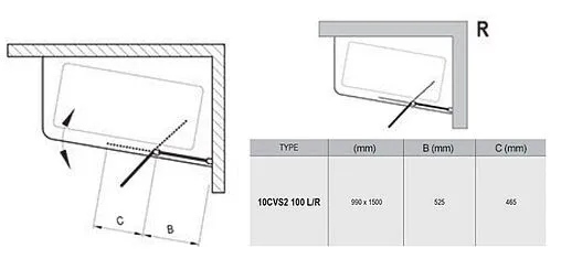 Шторка на ванну 1000мм прозрачное стекло Ravak 10° 10CVS2 100 R 7QRA0C03Z1