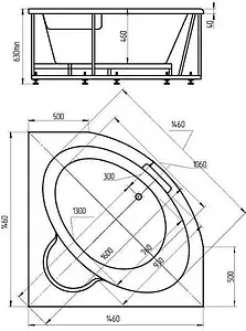 Ванна акриловая с гидромассажем Aquatek Калипсо 146x146 с фронтальной панелью с каркасом (разборный), с гидромассажем (пневмоуправление) KAL146-0000005, 2