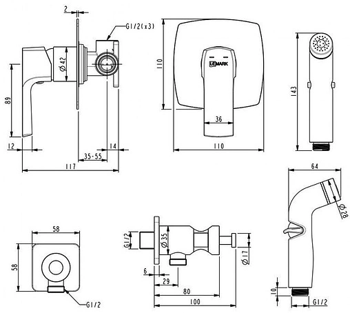 Гигиенический душ со смесителем Lemark Ursus чёрный матовый LM7219BL