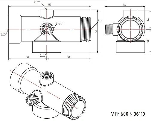 Пятиходовой штуцер 110мм Valtec VTr.600.N.06110