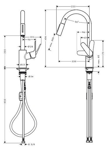 Смеситель для кухни с выдвижным изливом Hansgrohe Focus M41 240 2jet чёрный матовый 31815670