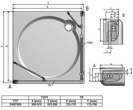 Душевое ограждение 1000x800мм прозрачное стекло Roltechnik Tower Line TDO1+TB/1000*800 724-1000000-00-02+725-8000000-00-02