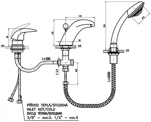 Смеситель на борт ванны на 3 отверстия Rav Slezak Kongo хром K071.5S