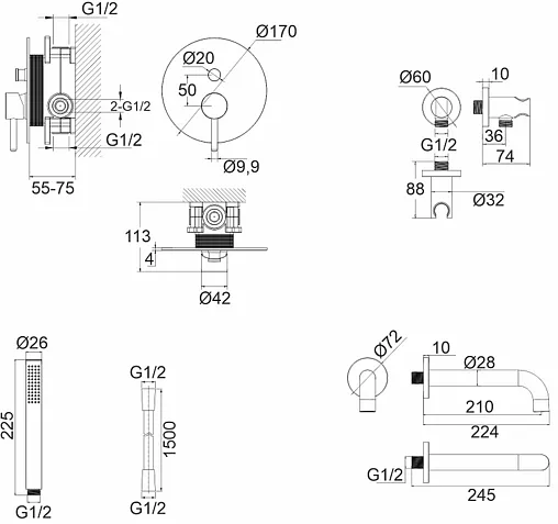 Смеситель для ванны скрытого монтажа WHITECROSS Y black чёрный матовый YSET06BL