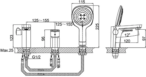 Смеситель на борт ванны на 3 отверстия D&K Berlin Technische чёрный/хром DA1434915 Смеситель на борт ванны на 3 отверстия D&K Berlin Technische чёрный/хром DA1434915