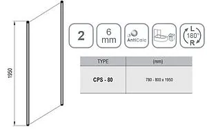 Боковая стенка 800мм прозрачное стекло Ravak Chrome CPS-80 9QV40U00Z1, 2