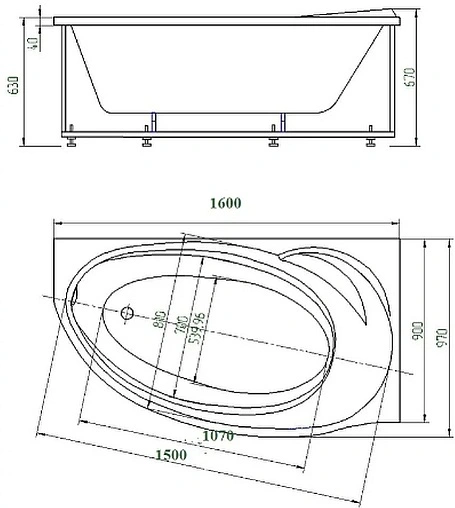 Ванна акриловая Aquatek Бетта 160x97 R с фронтальной панелью с каркасом (вклеенный) BET160-0000028