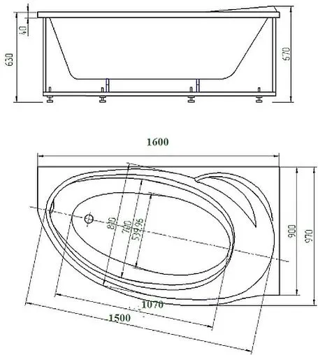 Ванна акриловая с гидромассажем Aquatek Бетта 160x97 R с фронтальной панелью с каркасом (разборный), с гидромассажем (пневмоуправление) BET160-0000001