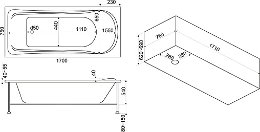 Ванна акриловая Bas Мальта 170x75 В00023
