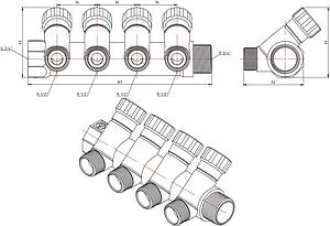 Коллектор регулирующий проходной 4 отвода ¾&quot;в/н x ½&quot;к Valtec VTc.560.N.0504, 2