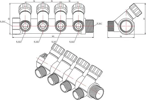 Коллектор регулирующий проходной 4 отвода ¾&quot;в/н x ½&quot;к Valtec VTc.560.N.0504