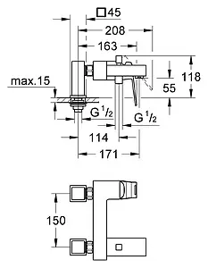 Смеситель на борт ванны на 2 отверстия Grohe Eurocube хром 23143000 Смеситель на борт ванны на 2 отверстия Grohe Eurocube хром 23143000, 2