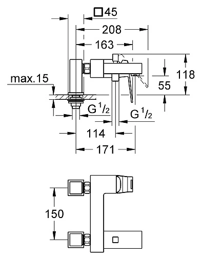 Смеситель на борт ванны на 2 отверстия Grohe Eurocube хром 23143000