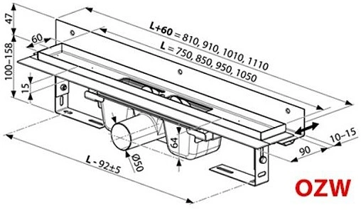 Лоток душевой Set пристенный 850мм h=85мм 0.6л/сек Ravak Runway X01628