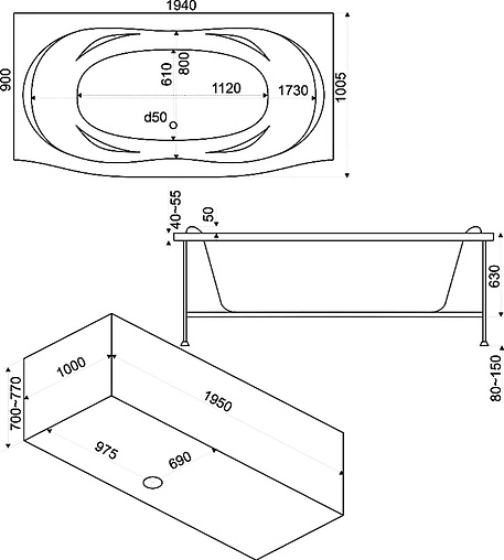 Ванна акриловая Bas Фиеста 194x90 В00037