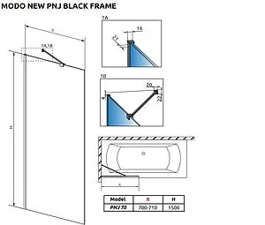 Шторка на ванну 700мм прозрачное стекло Radaway Modo PNJ Black 70 Frame 10006070-54-56, 2