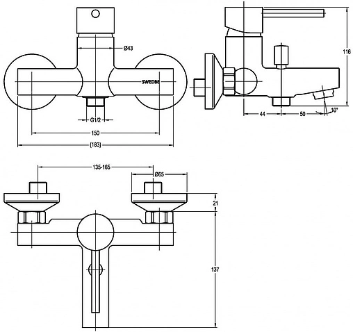 Смеситель для ванны Swedbe Diana хром 1030 Смеситель для ванны Swedbe Diana хром 1030