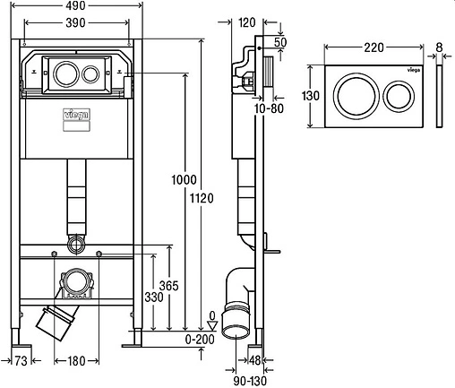 Инсталляция для подвесного унитаза Set 3 в 1 Viega Prevista Dry Visign for Style 20 8524.13 792855 с кнопкой хром глянцевый