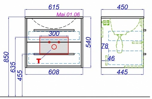 Тумба-умывальник подвесная Aqwella Miami 60 белый/дуб сонома Mai.01.06+Mal.06.04.D