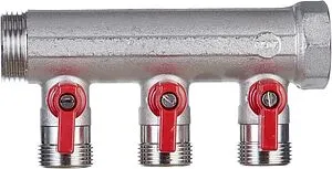 Коллектор запорный проходной 3 отвода красный 1"в/н x ¾"ек Henco VB060503-ROOD Коллектор запорный проходной 3 отвода красный 1"в/н x ¾"ек Henco VB060503-ROOD, 3