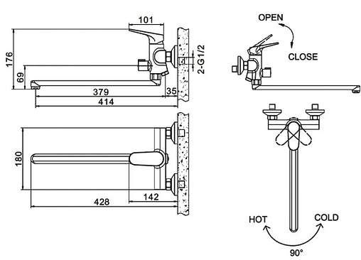 Смеситель для ванны с длинным изливом Bravat Eler чёрный F6191238BM-01L-RUS