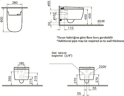 Умный унитаз-биде подвесной безободковый VitrA V-Care Basic Rim-Ex белый 5674B003-6193