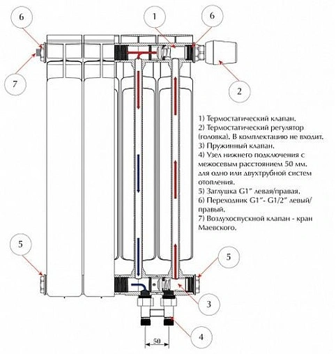 Радиатор биметаллический 7 секций нижнее правое подключение Rifar Base Ventil 500 RBVR50007