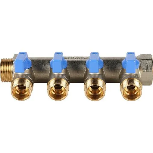 Коллектор запорный проходной 4 отвода синий ¾"в/н x ½"н Stout SMB 6201 341204