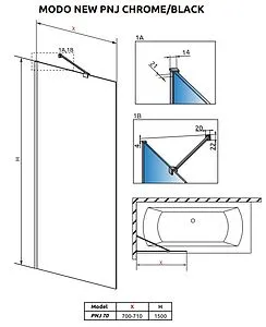 Шторка на ванну 700мм прозрачное стекло Radaway Modo PNJ Black 70 10006070-54-01, 2