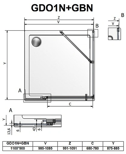 Душевое ограждение 1100x900мм прозрачное стекло Roltechnik Elegant Neo Line GDO1N+GBN/1100*900 188-1100000-00-02+189-9000000-00-02
