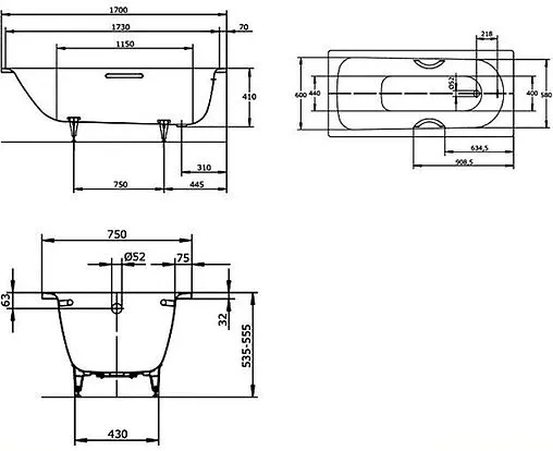 Ванна стальная Kaldewei Saniform Plus Star 170x75 mod. 336 anti-slip с отв. для ручек белый 133630000001