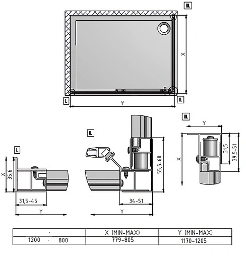 Душевое ограждение 1200x800мм прозрачное стекло Roltechnik Lega Line LLD2+LLB/1200*800 556-1200000-00-02+553-8000000-00-02