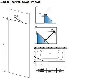 Шторка на ванну 600мм прозрачное стекло Radaway Modo PNJ Black 60 Frame 10006060-54-56, 2