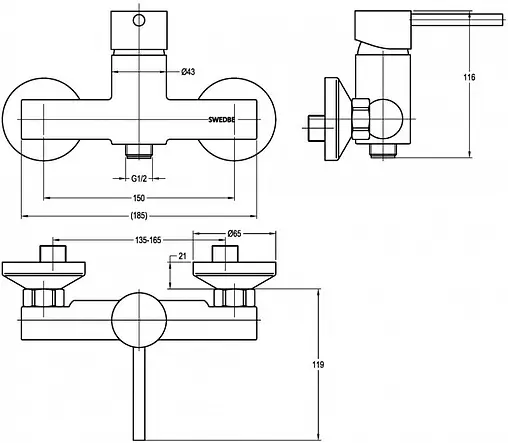 Смеситель для душа Swedbe Jupiter хром 1520