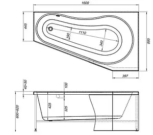 Ванна акриловая Aquanet Bright 160x90 R 00213351, 2