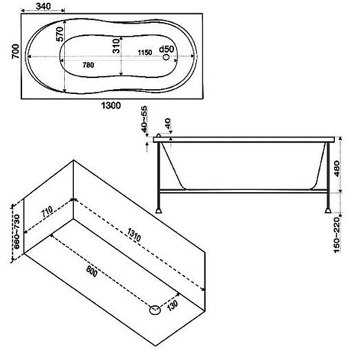Ванна акриловая Bas Лима стандарт 130х70 ВС 00025