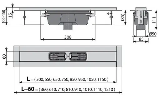 Лоток душевой 550мм h=85мм 1.15л/сек AlcaPlast APZ1001-550