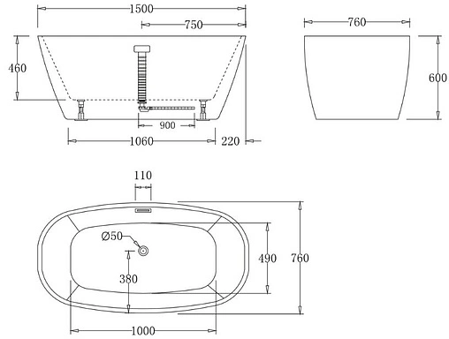 Ванна акриловая отдельностоящая BelBagno 150x76 BB72-1500