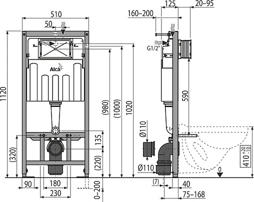 Инсталляция для подвесного унитаза Set 4 в 1 AlcaPlast Sadromodul AM101/1120+M70-001 с кнопкой белый глянцевый