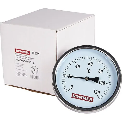 Термометр биметаллический Rommer 100мм 120°С гильза 50мм ½&quot; RIM-0001-105015