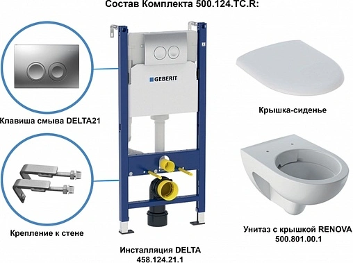 Комплект 5 в 1 Geberit Renova Rimfree 500.124.TC.R с кнопкой Delta 21 хром глянцевый Комплект 5 в 1 Geberit Renova Rimfree 500.124.TC.R с кнопкой Delta 21 хром глянцевый