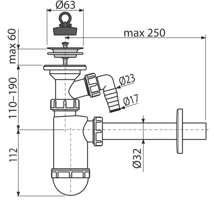 Сифон бутылочный для раковины AlcaPlast белый A410P