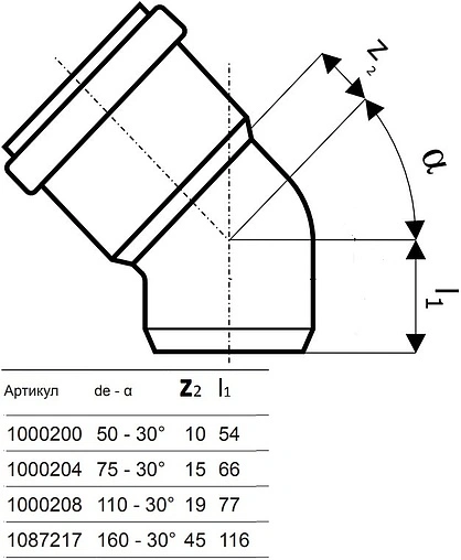 Отвод внутренний бесшумный D=110мм Угол 30° Uponor Decibel 1000208
